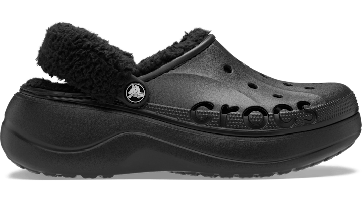 Crocs Baya Platform Fuzz Strap Lined Clogs 'Black'