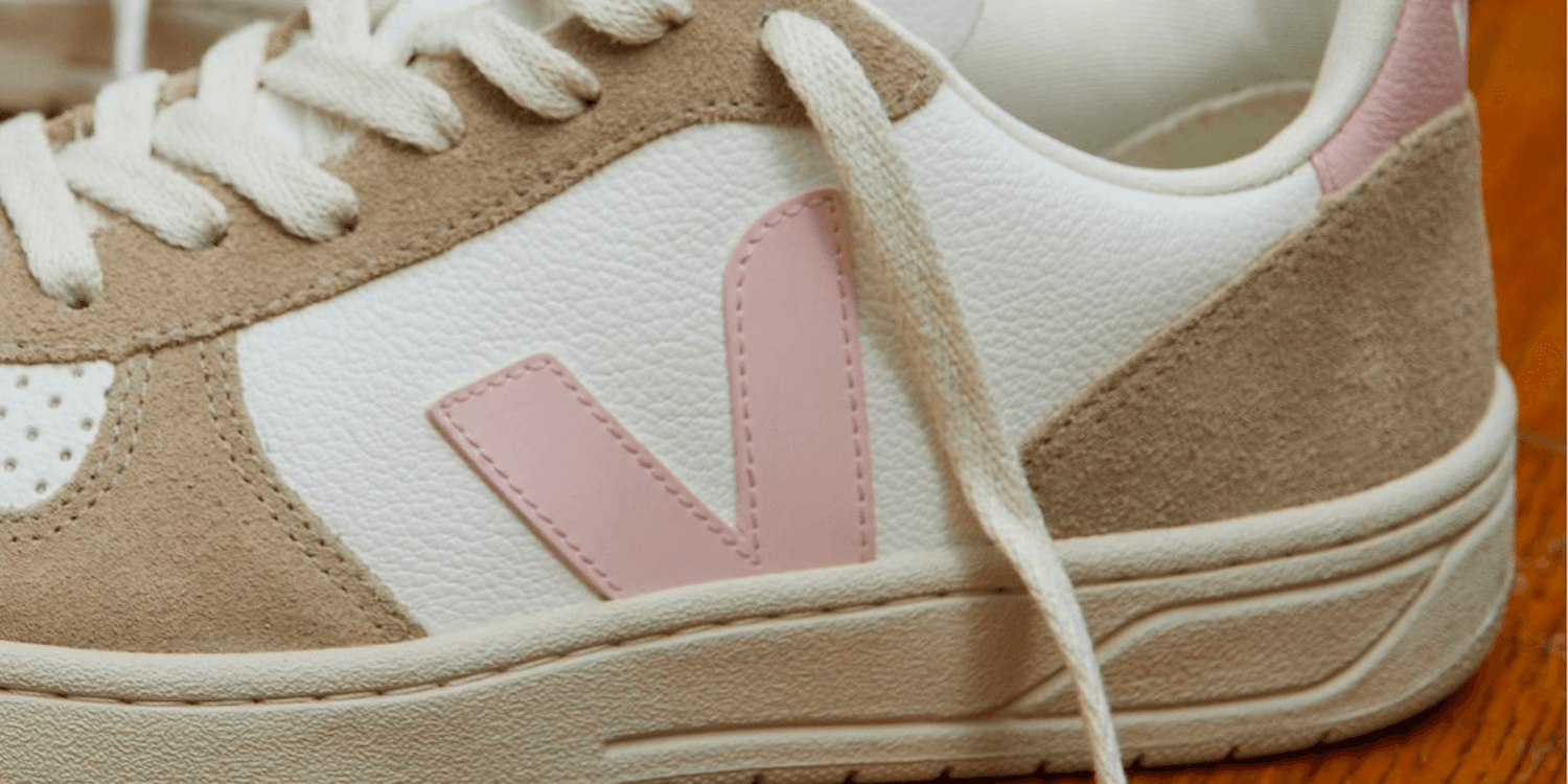 closeup of veja logo on sneaker