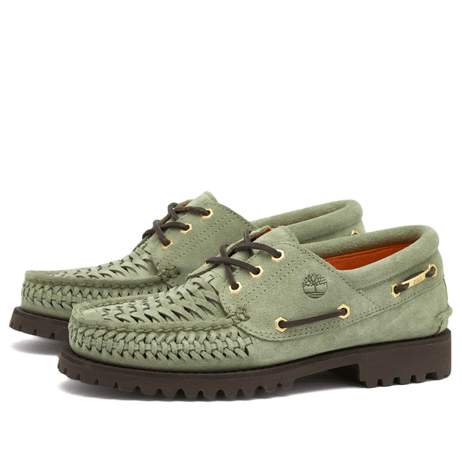 END. x Timberland Authentic 3 Eye Boat Shoe in Light Green Suede