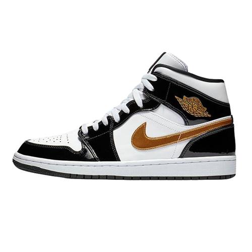 NIKE AIR JORDAN 1 MID PATENT – BLACK WHITE GOLD – AVAILABLE NOW