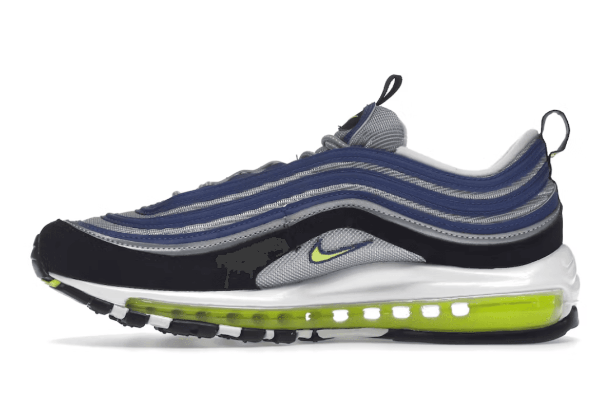 air max 97 atlantic blue colorway - blue and grey upper, neon green swoosh and green midsole